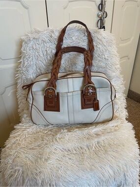 Coach White and Brown Braided Handle Shoulder Bag